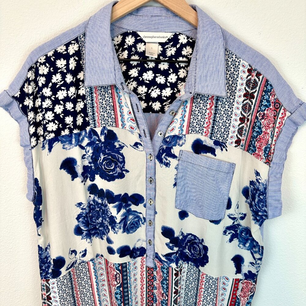 Christopher & Banks Oversized Floral Patchwork Style Blouse Size L - Picture 2 of 5